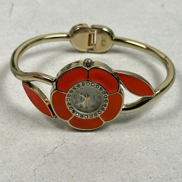 Embassy Watch Womens 29mm Flower Orange Enamel Pave Bezel Clamper New Battery - Picture 2 of 11